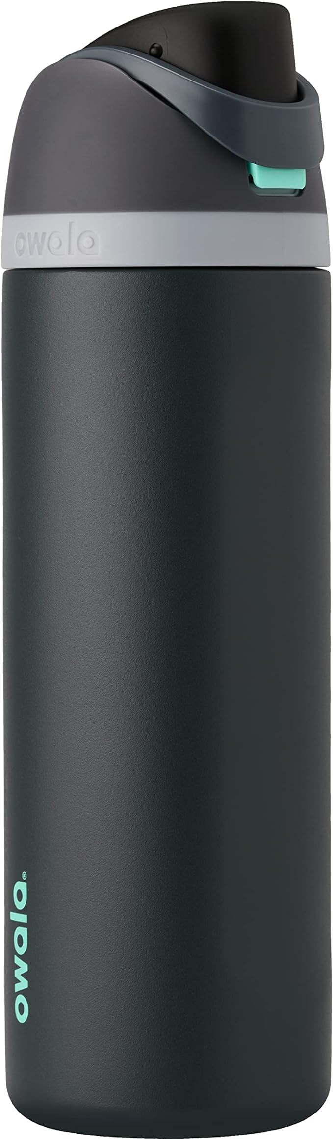 Owala FreeSip 32 oz Marea Brumosa (Foggy Tide), gris oscuro con botón y logo turquesa